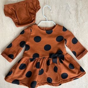 Brown and black polka dot baby dress with bloomers